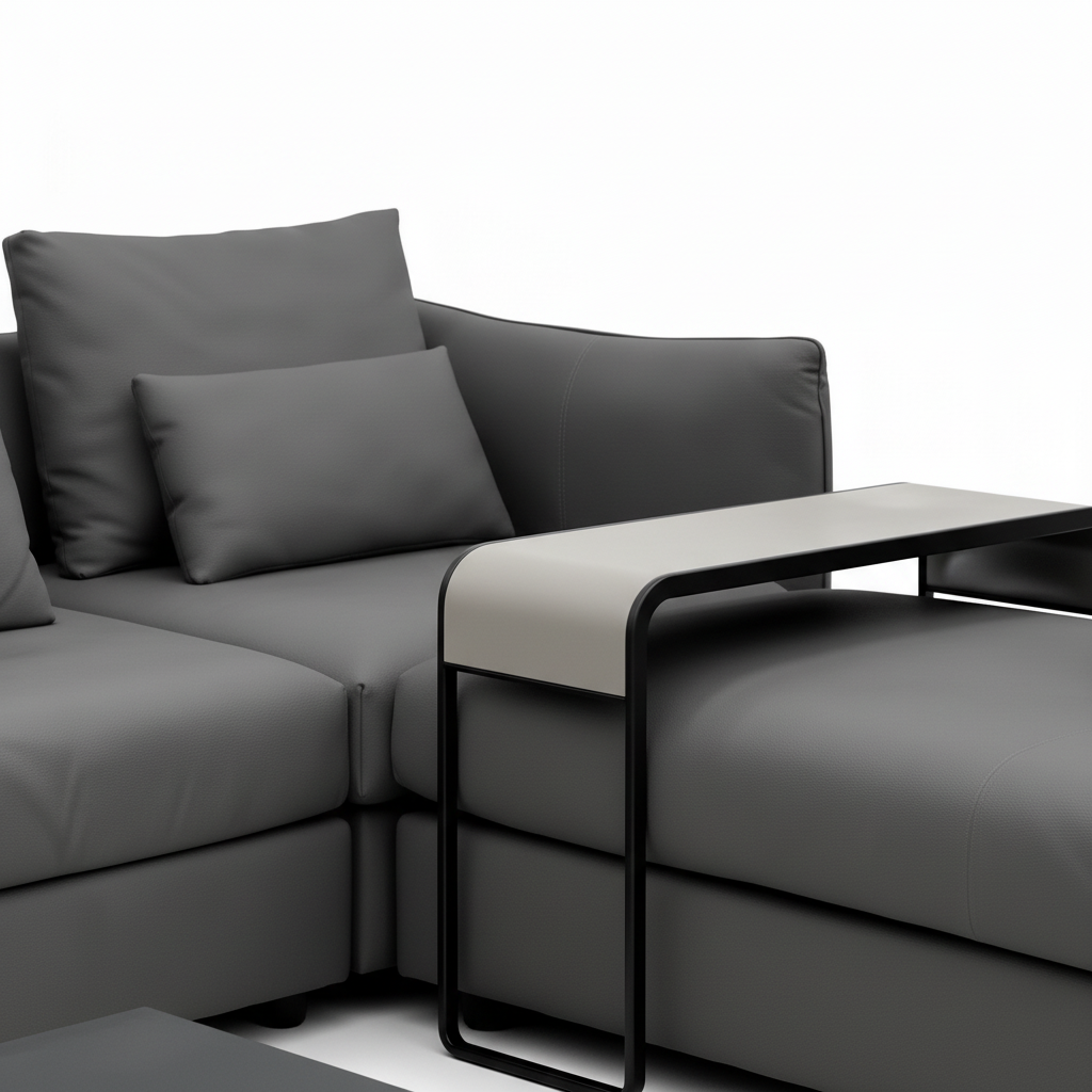 Caelis Sectional right return upholstery and black metal side table frame detail