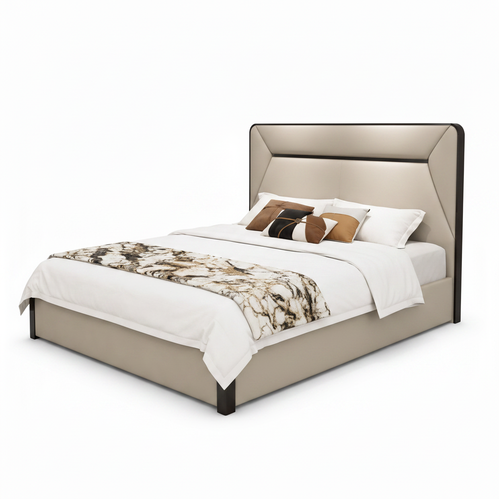 Calveris Bed three-quarter view with headboard right rear and footboard left front on a white background