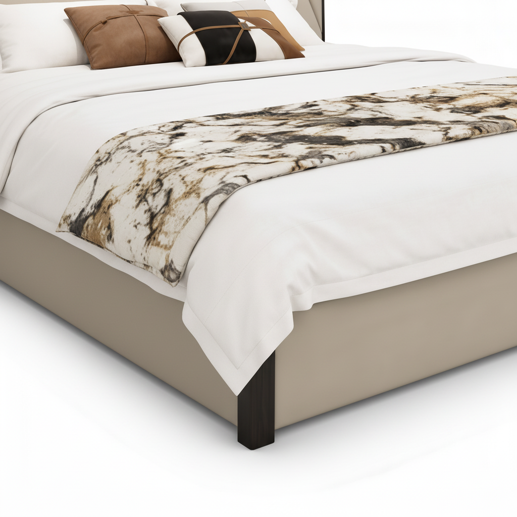 Calveris Bed close-up of footboard and support feet detail on a white background