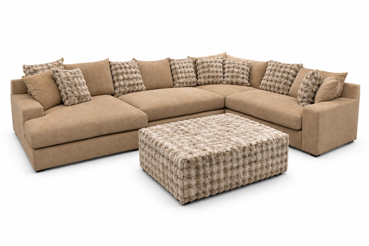 Camberly Camel Sectional — optional seating + ottoman configuration