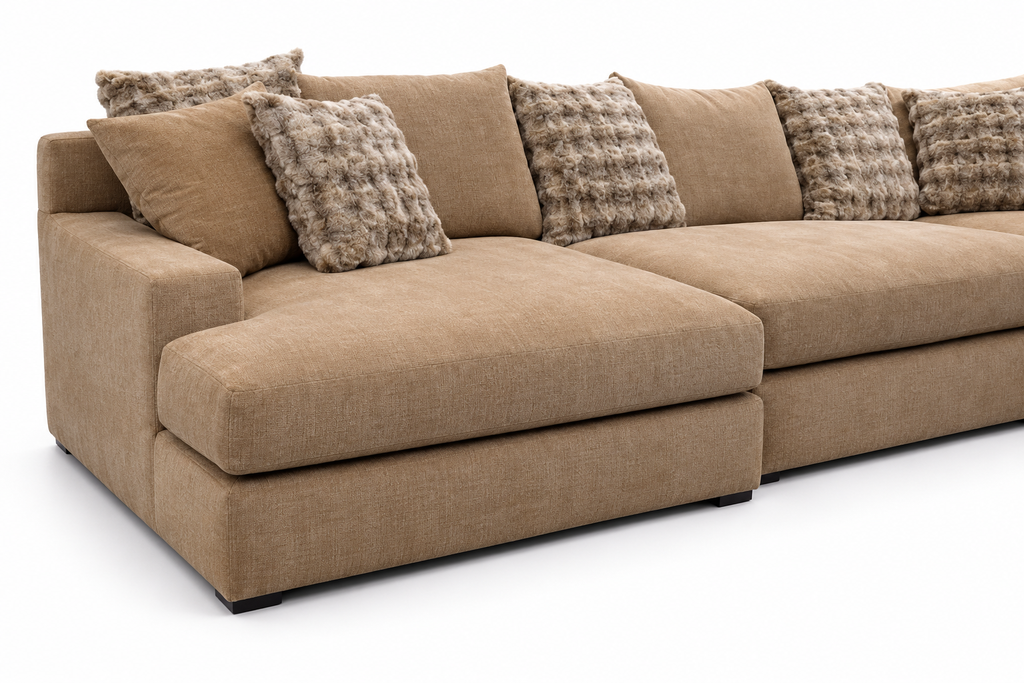 Camberly Camel Sectional — arm and cushion detail