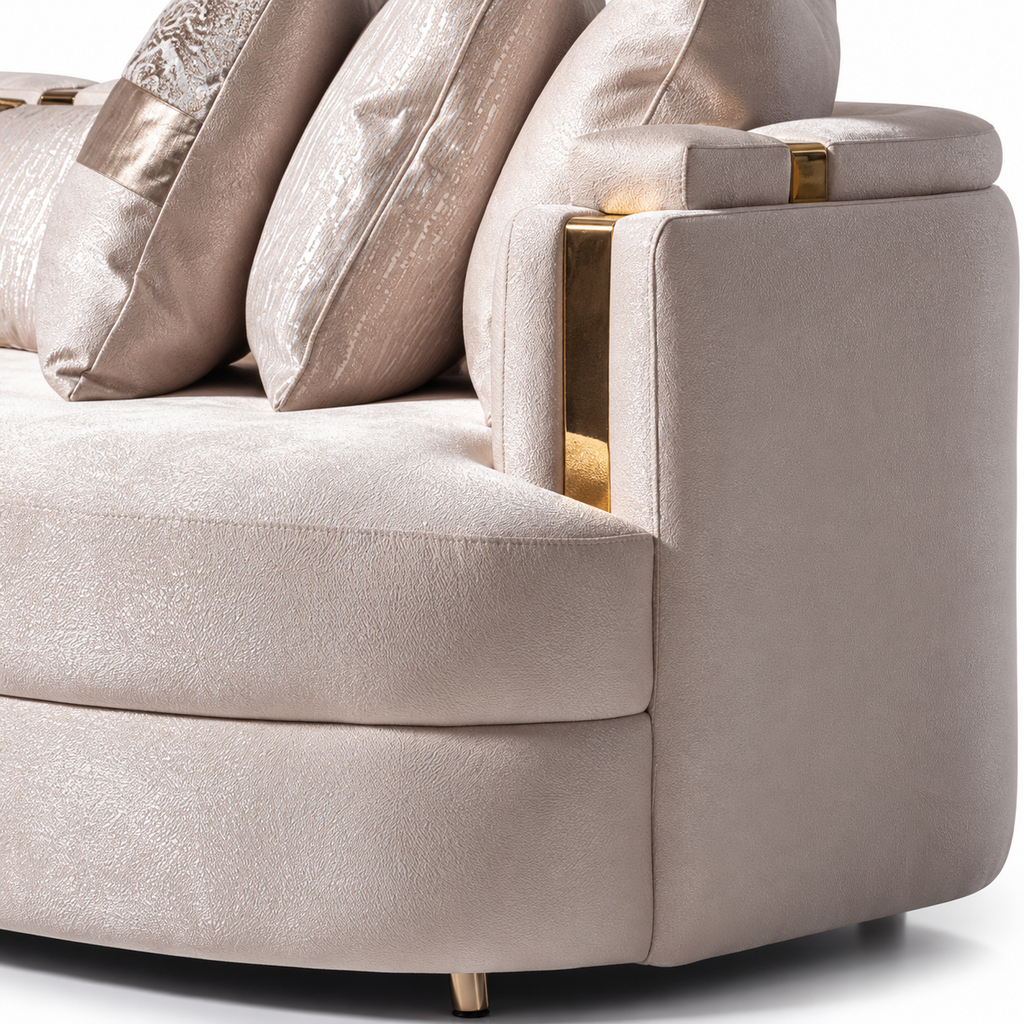 Carmela Mansion Sofa Almond Gold — gold trimmed right armrest (detail edited from existing product photo)