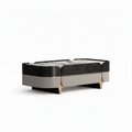 Cyrmont Coffee Table with black wood veneer, marble top and gold accents, pronounced 45-degree three-quarter view on white background