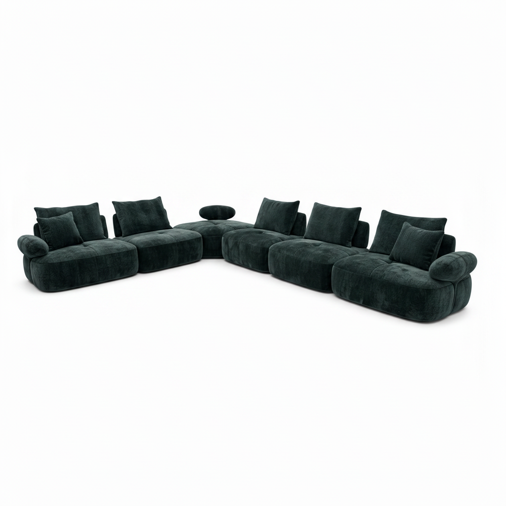 Damaris Sectional dark charcoal green curved sofa, left-front 45-degree view