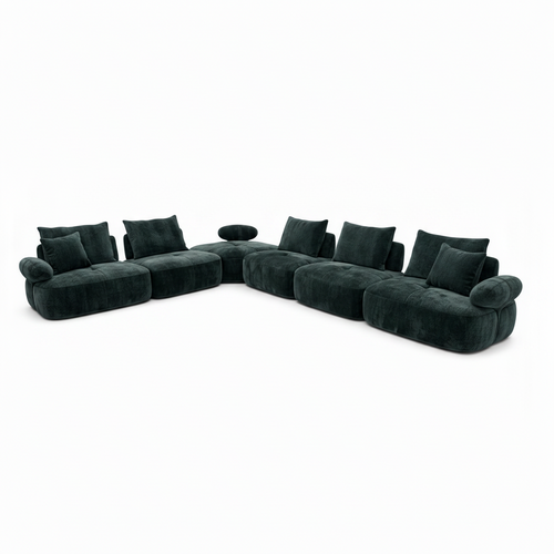 Damaris Sectional dark charcoal green curved sofa, left-front 45-degree view