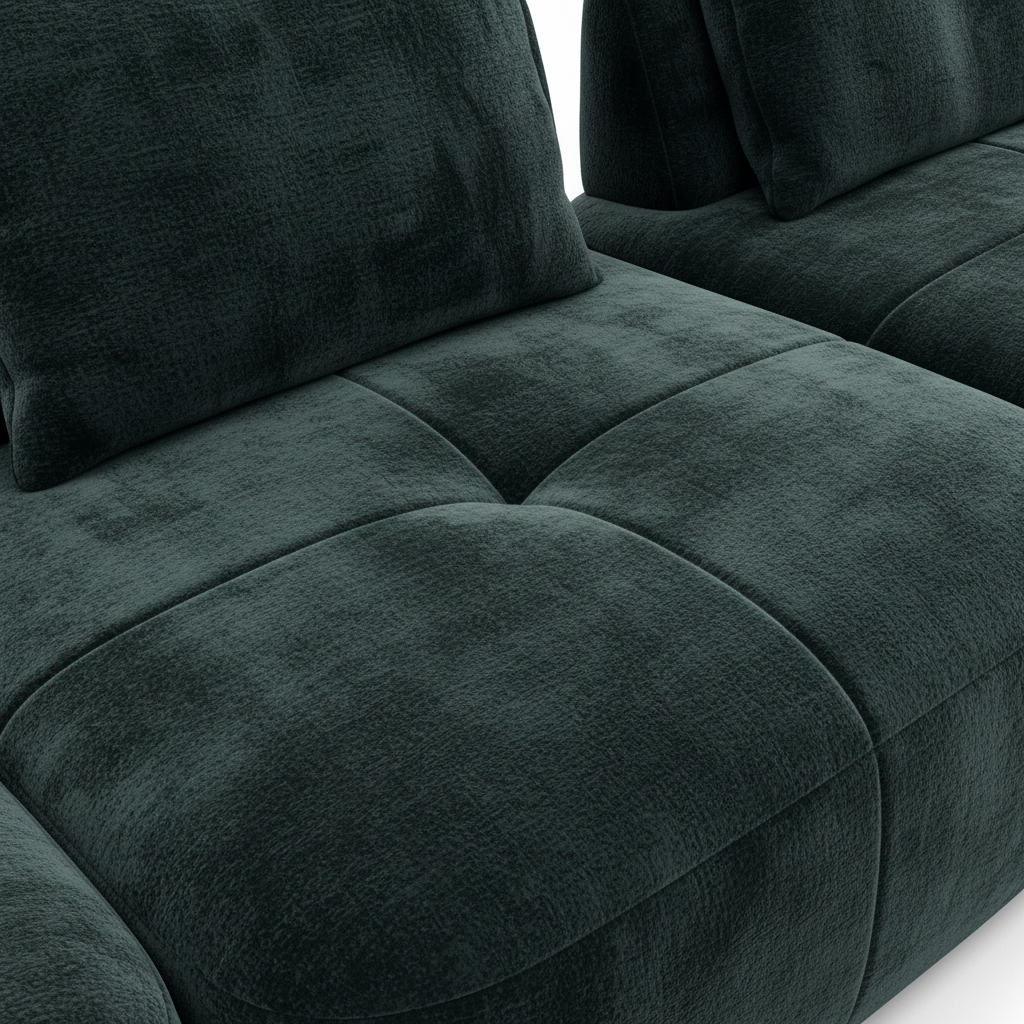 Damaris Sectional dark charcoal green plush upholstery, cushion seam, and fabric texture detail