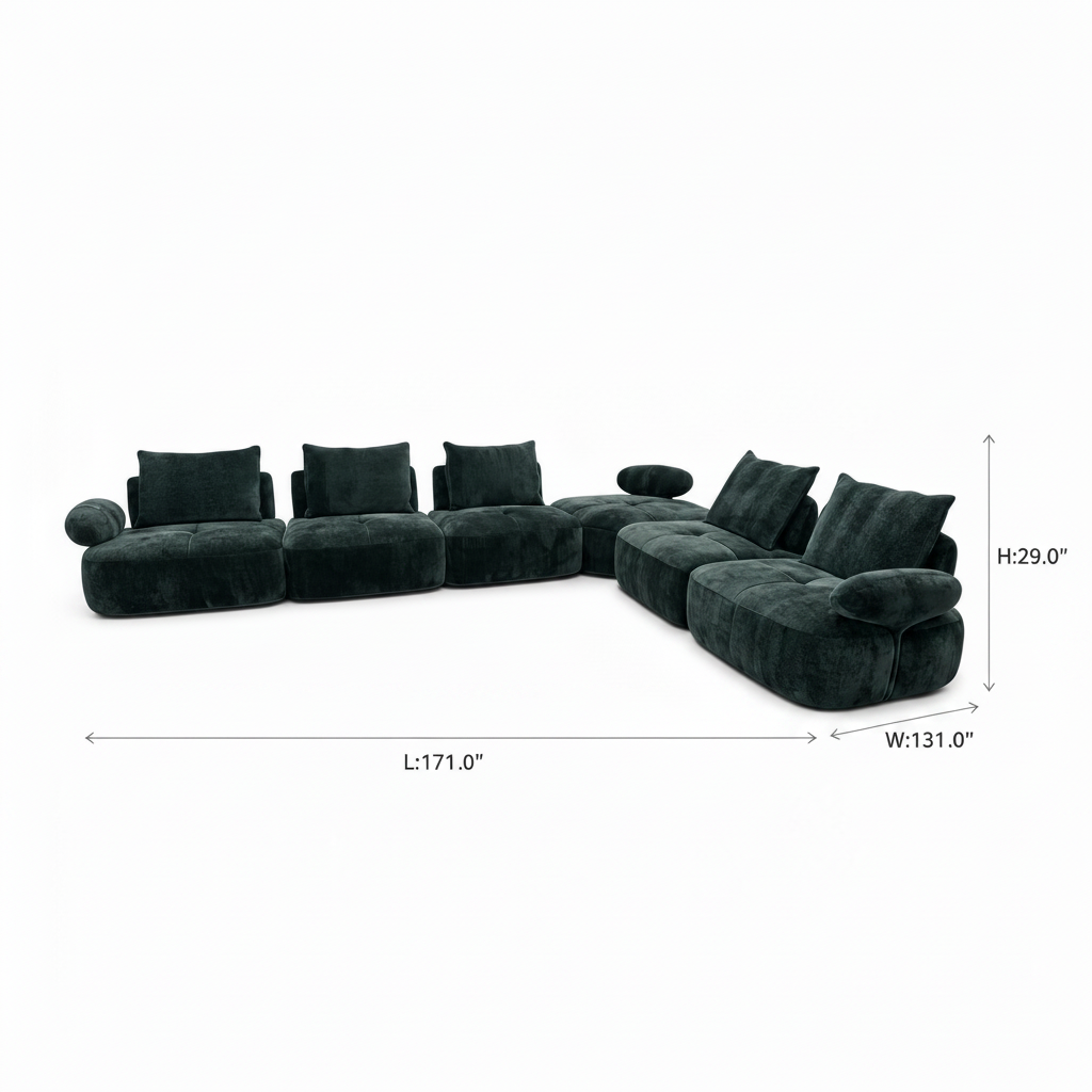 Damaris Sectional dimensions, length 171 inches, width 131 inches, height 29 inches
