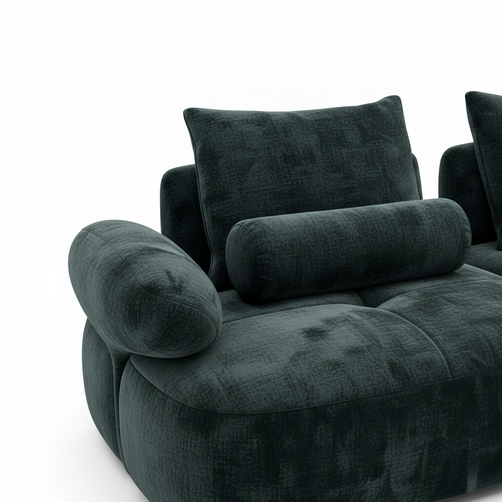 Damaris Sectional rounded arm, cylindrical bolster pillow, and curved upholstery detail