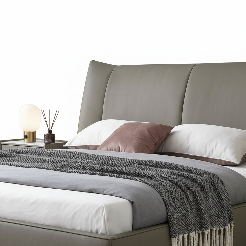 Davenor Bed close-up of original upholstered headboard, pillows, bedding, stitching, and gray throw