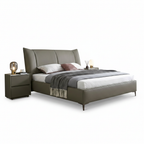 Davenor Bed left-side view with original bedding, upholstered frame, headboard, footboard, and tapered legs