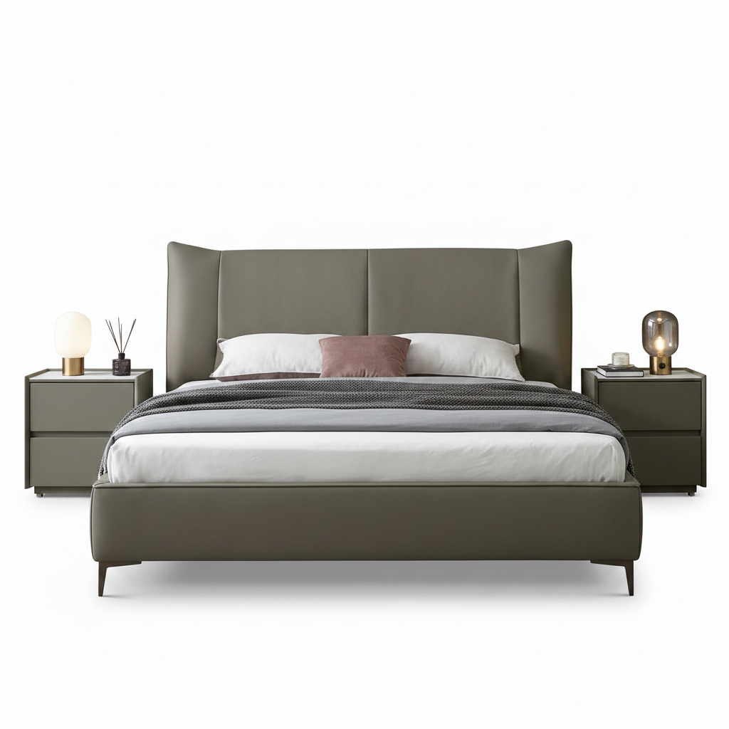 Davenor Bed straight-on front view with original bedding, upholstered headboard, footboard, and bedside furniture