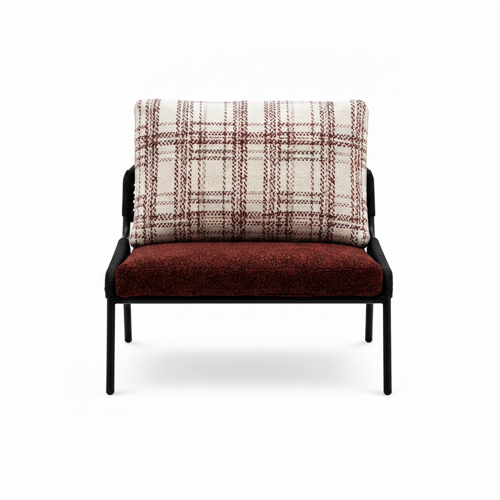 Dorellis Elarique Accent Chair front view showing the fabric seat, patterned cushion, and black metal frame.