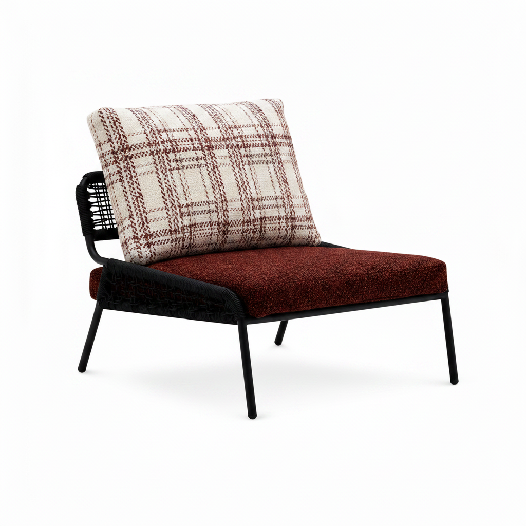 Dorellis Elarique Accent Chair side view showing the woven black frame, fabric upholstery, and angled legs.