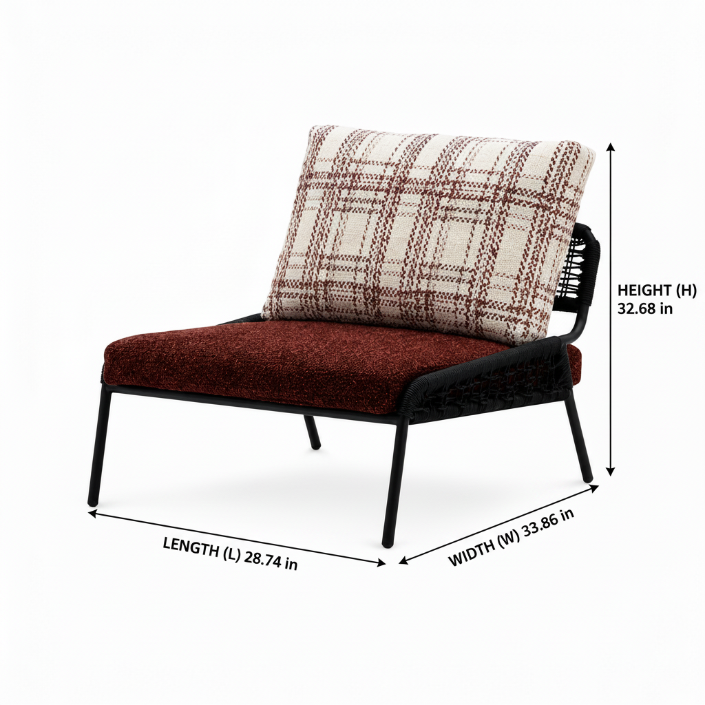 Dorellis  Elarique Accent Chair dimension diagram showing length 28.74 inches, width 33.86 inches, and height 32.68 inches on a white background