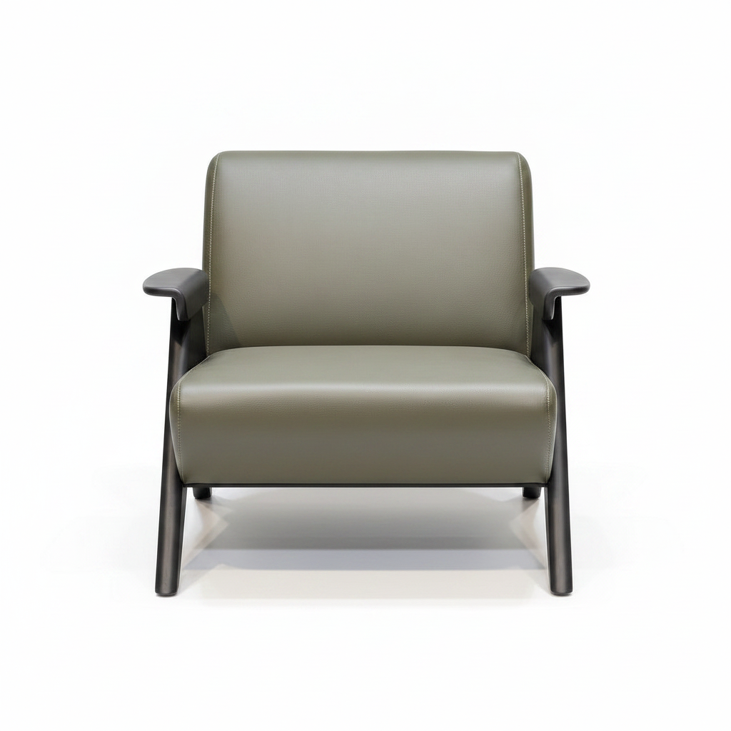 Dovarin Accent Chair front view showing the upholstered seat, backrest, armrests, and geometric support frame.