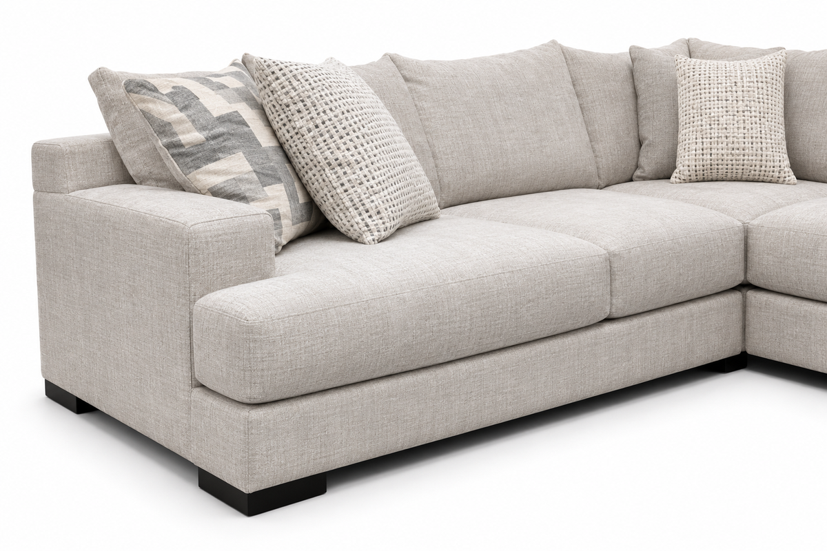 Elowick Linen Sectional — arm and cushion detail