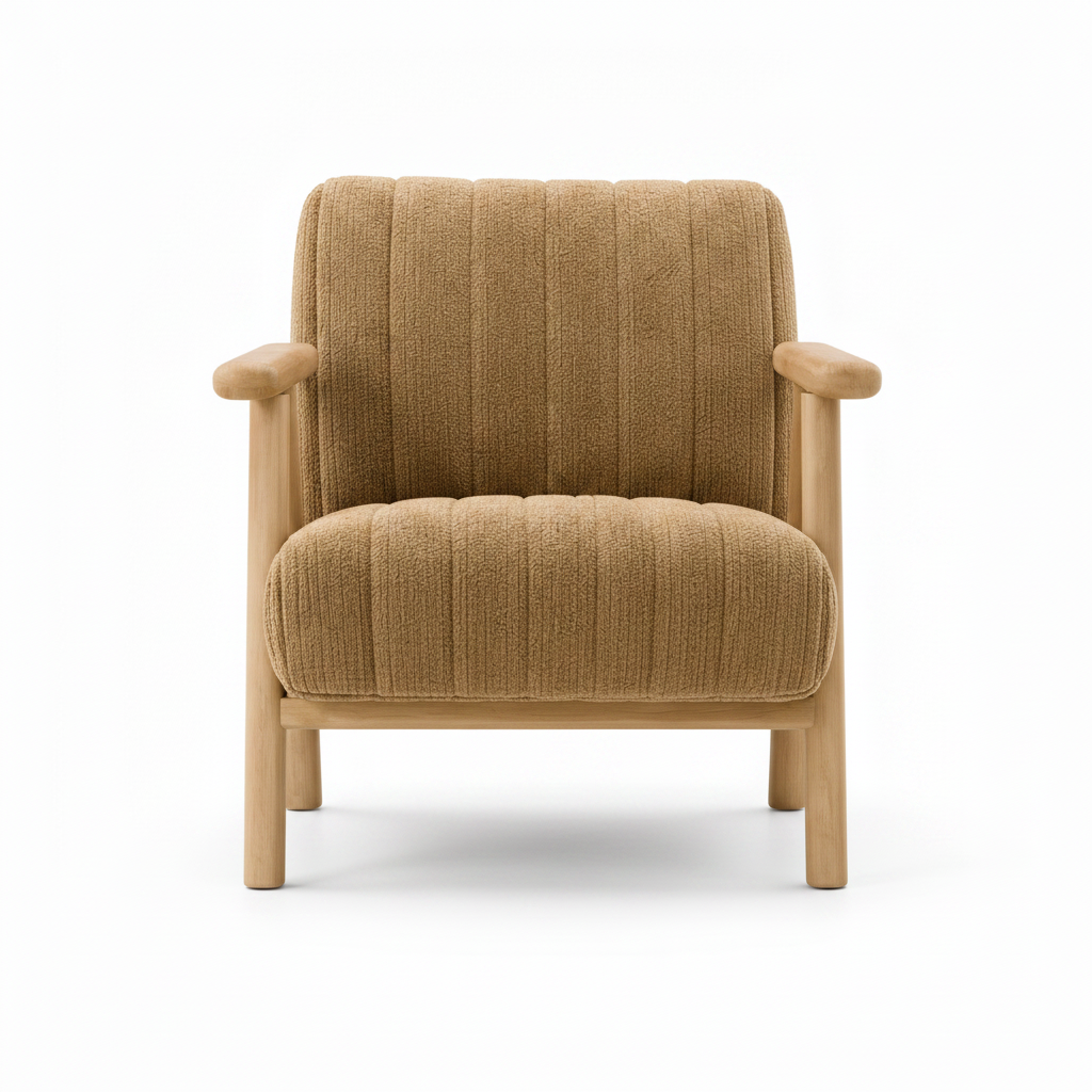 Elsinne Accent Chair front view showing the upholstered seat, curved backrest, and ash wood armrests