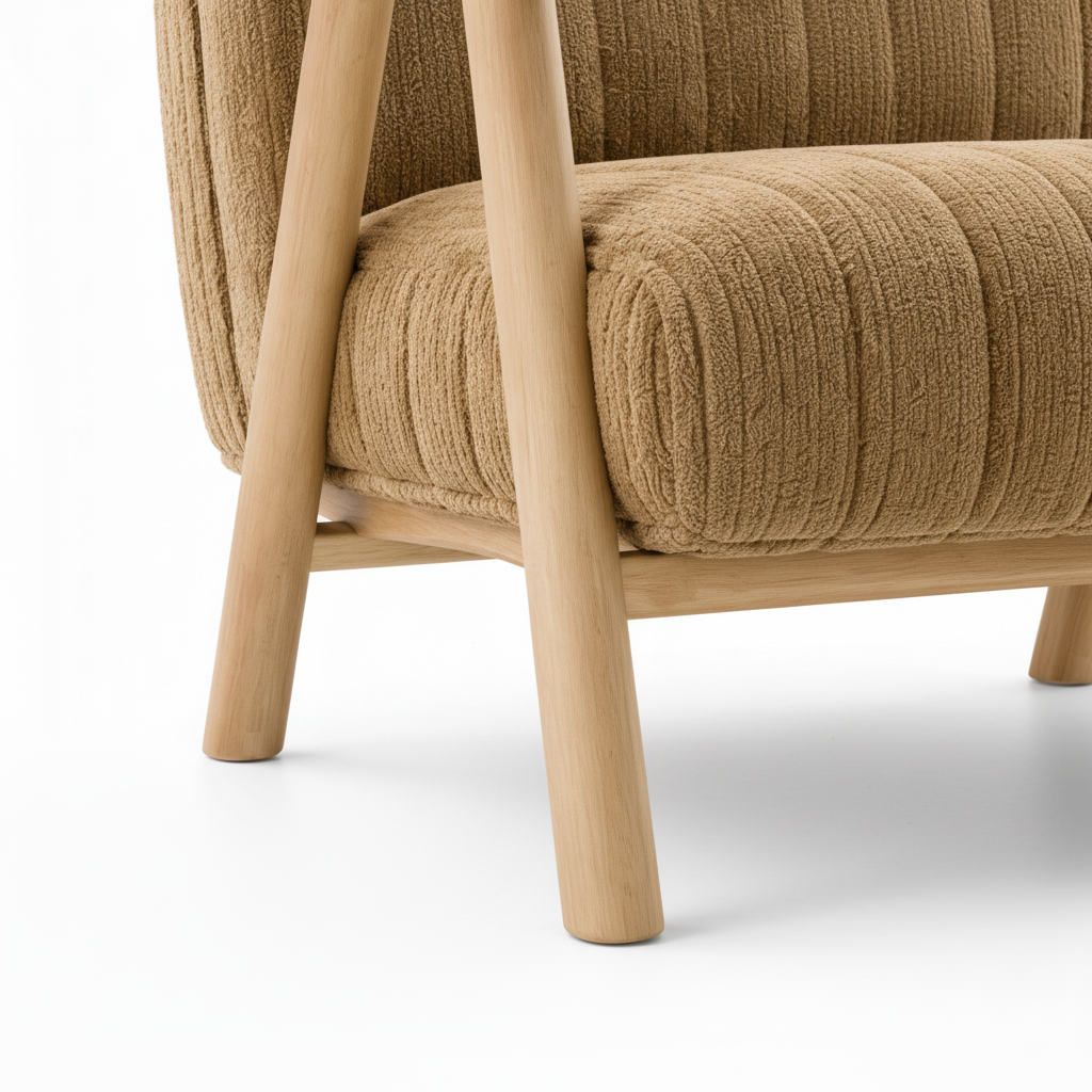 Elsinne Accent Chair close-up showing the tapered ash wood leg detail