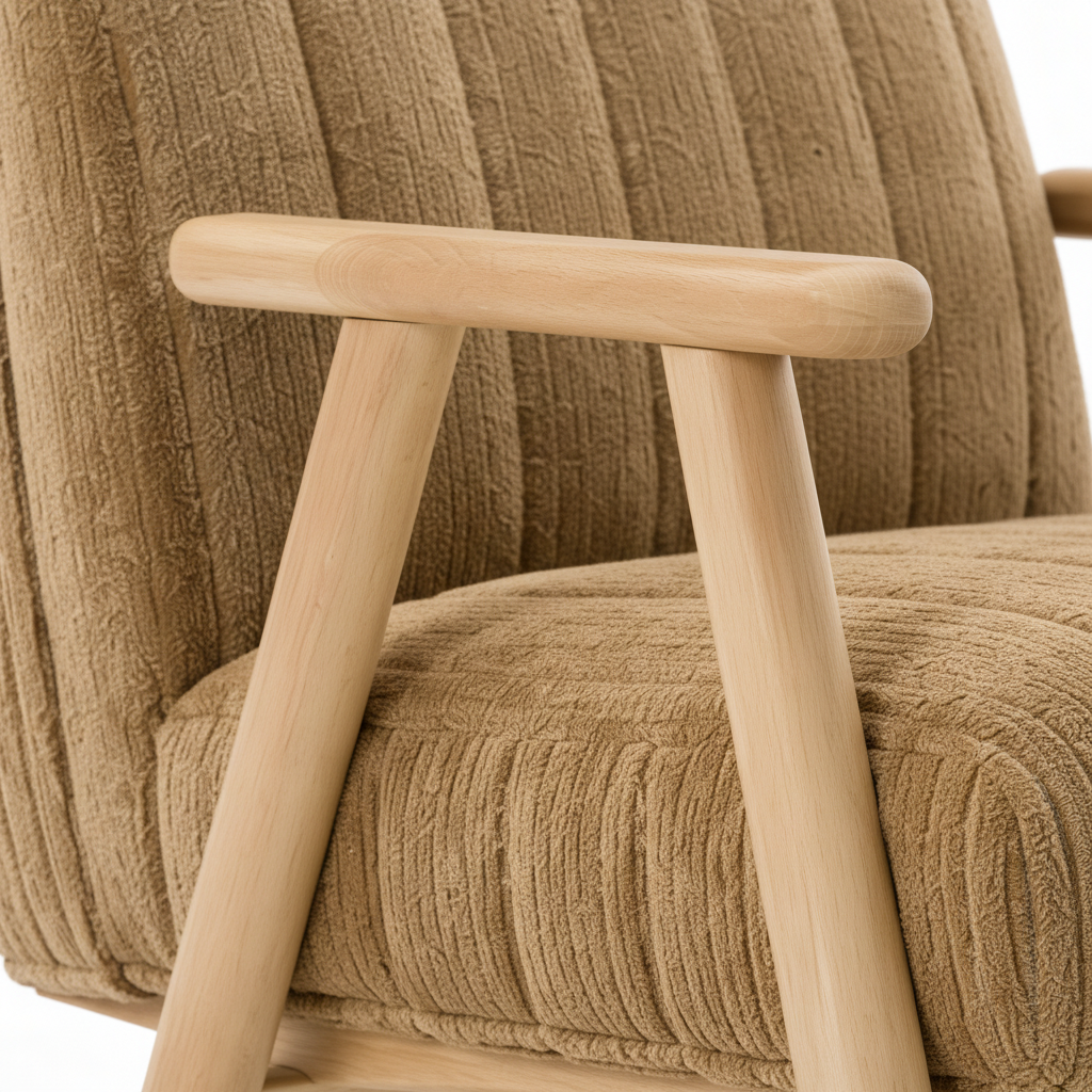 Elsinne Accent Chair close-up showing the sculpted ash wood armrest detail