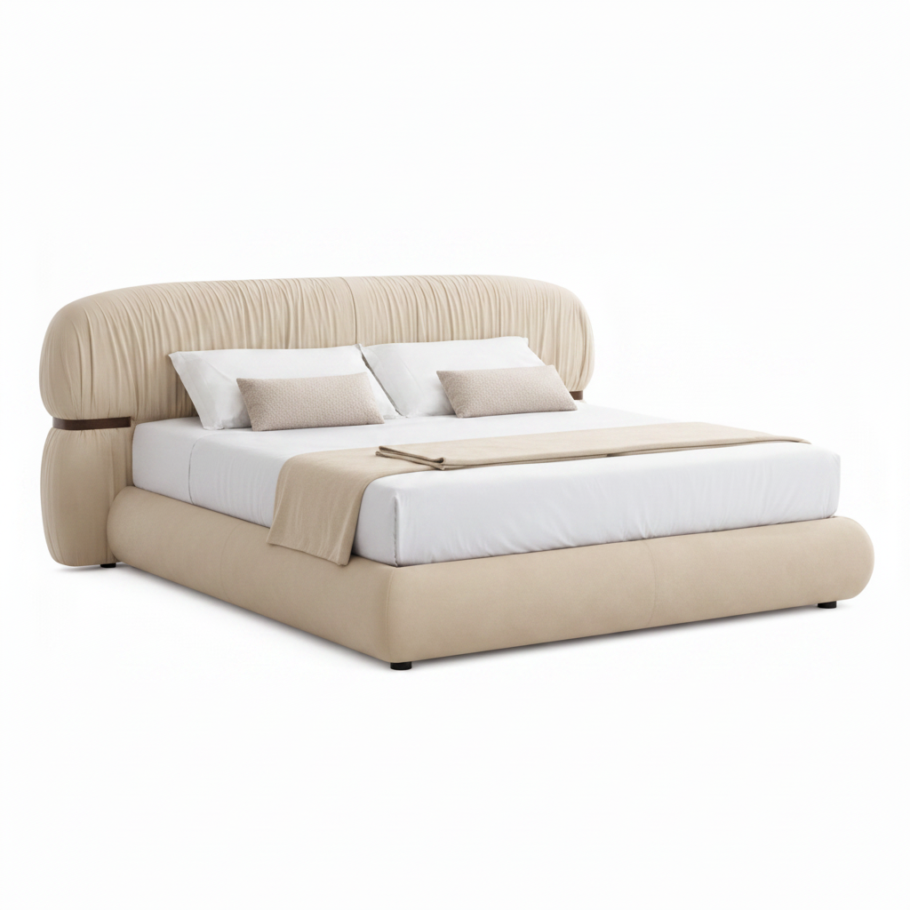 Embray Bed light beige fabric upholstered bed, front-left catalog view