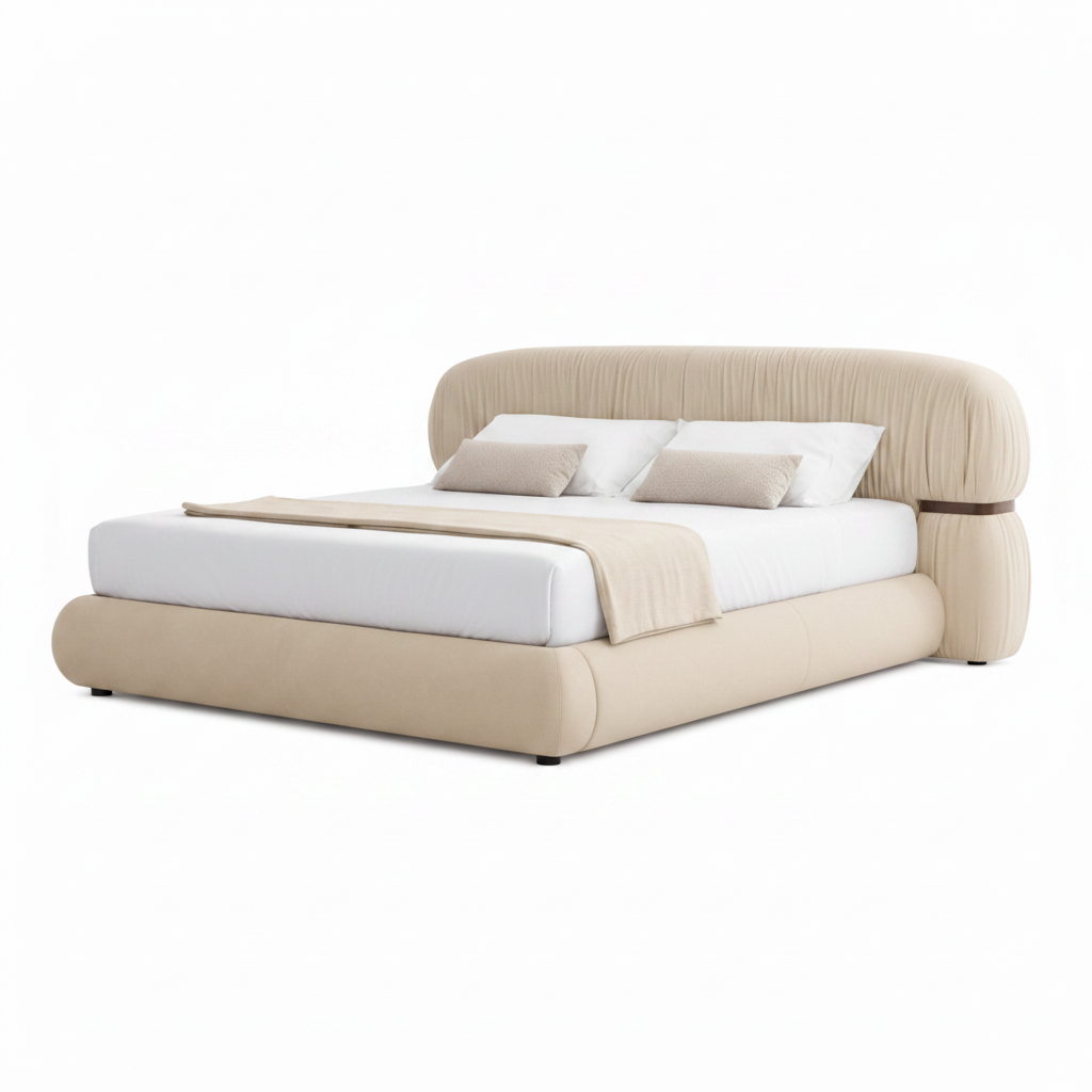 Embray Bed light beige fabric bed, footboard left foreground and headboard right background