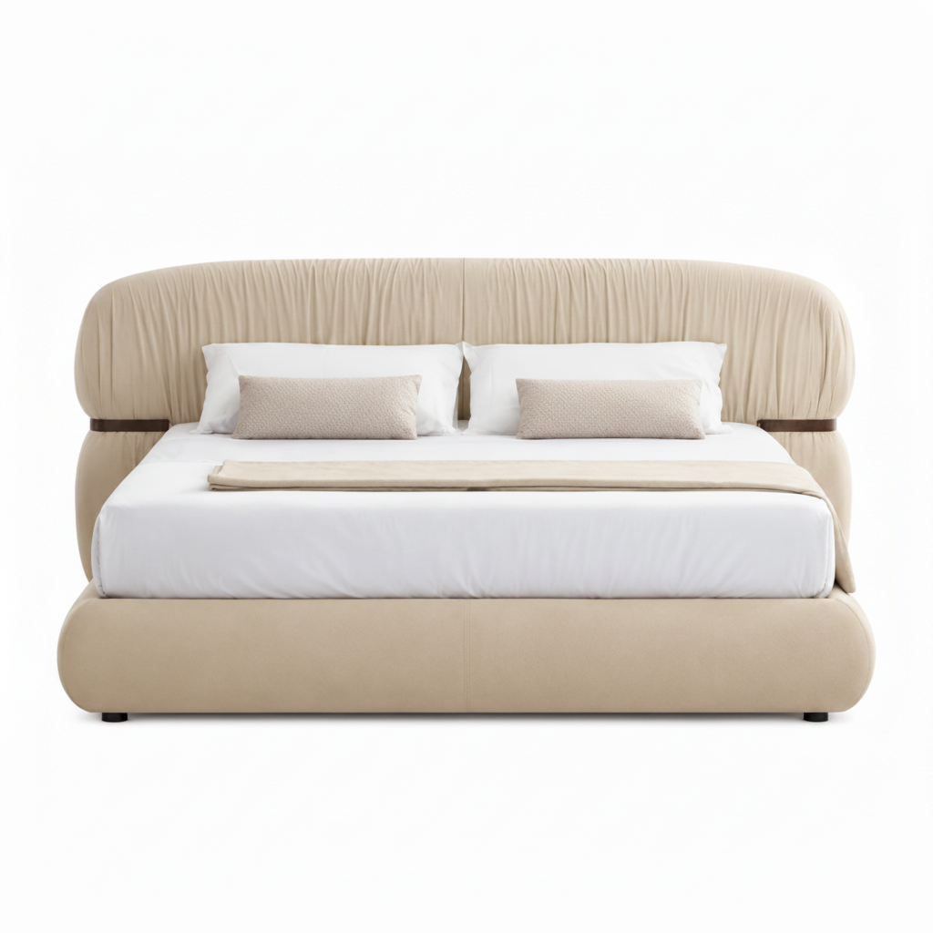 Embray Bed light beige fabric upholstered bed, straight-on front view