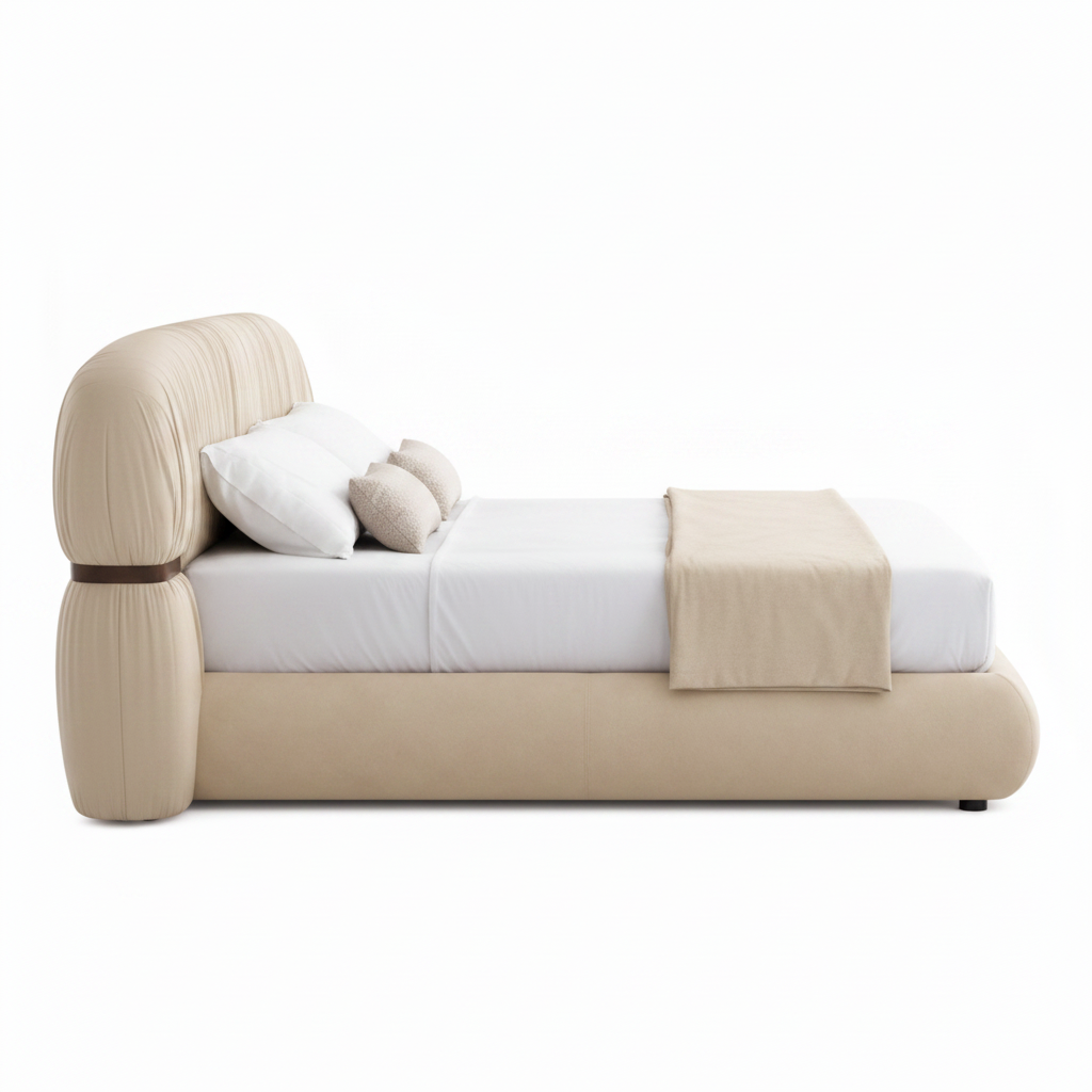 Embray Bed light beige fabric upholstered bed, left-side view