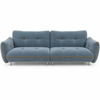 Faverique Sofa front view with blue-grey upholstery, gold piping and silver metal legs
