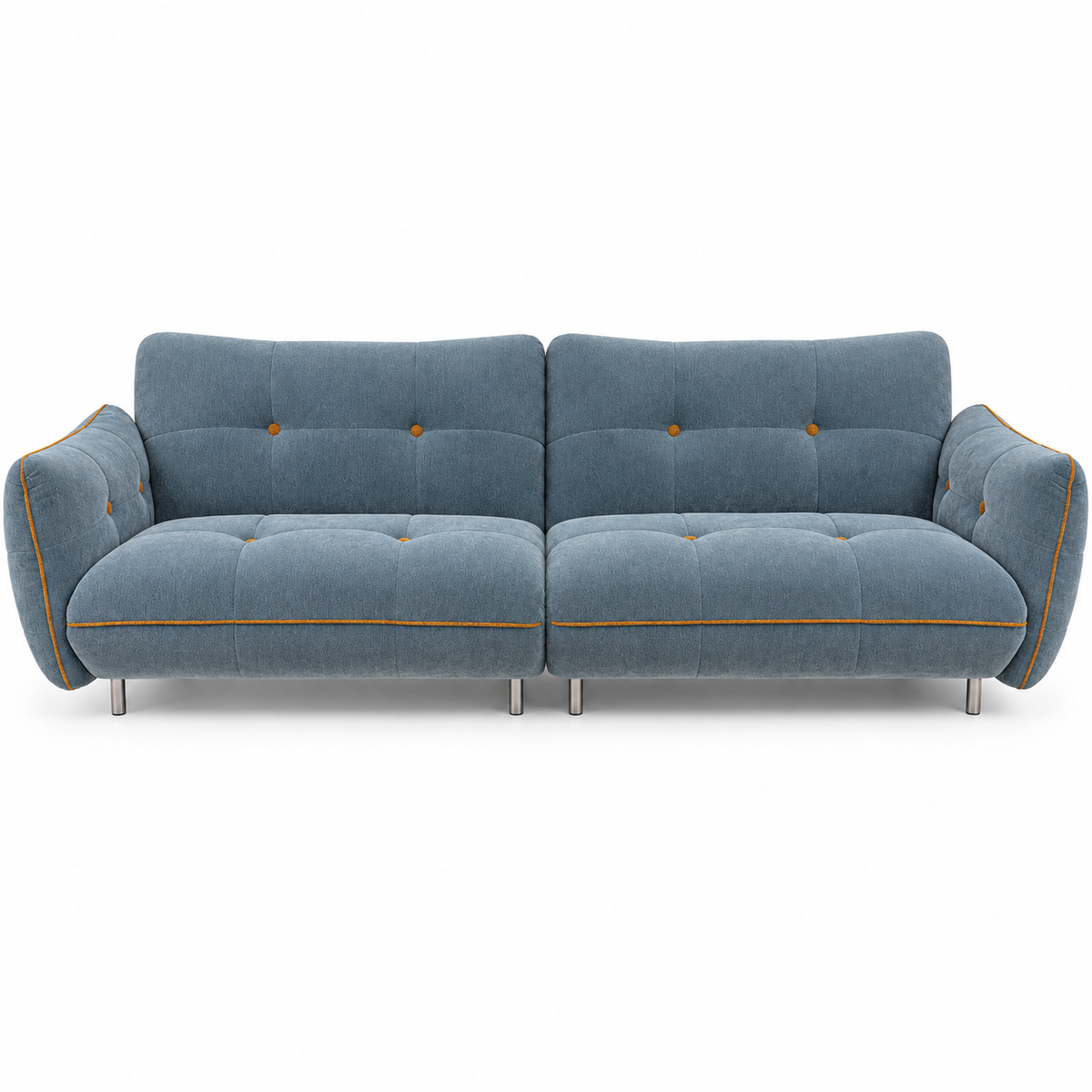 Faverique Sofa front view with blue-grey upholstery, gold piping and silver metal legs
