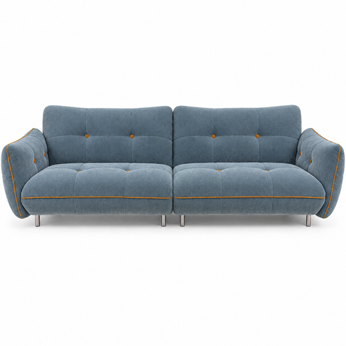 Faverique Sofa front view with blue-grey upholstery, gold piping and silver metal legs