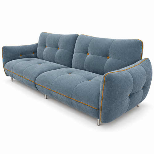 Faverique Sofa in blue-grey fabric with gold piping, button tufting and silver metal legs, three-quarter view