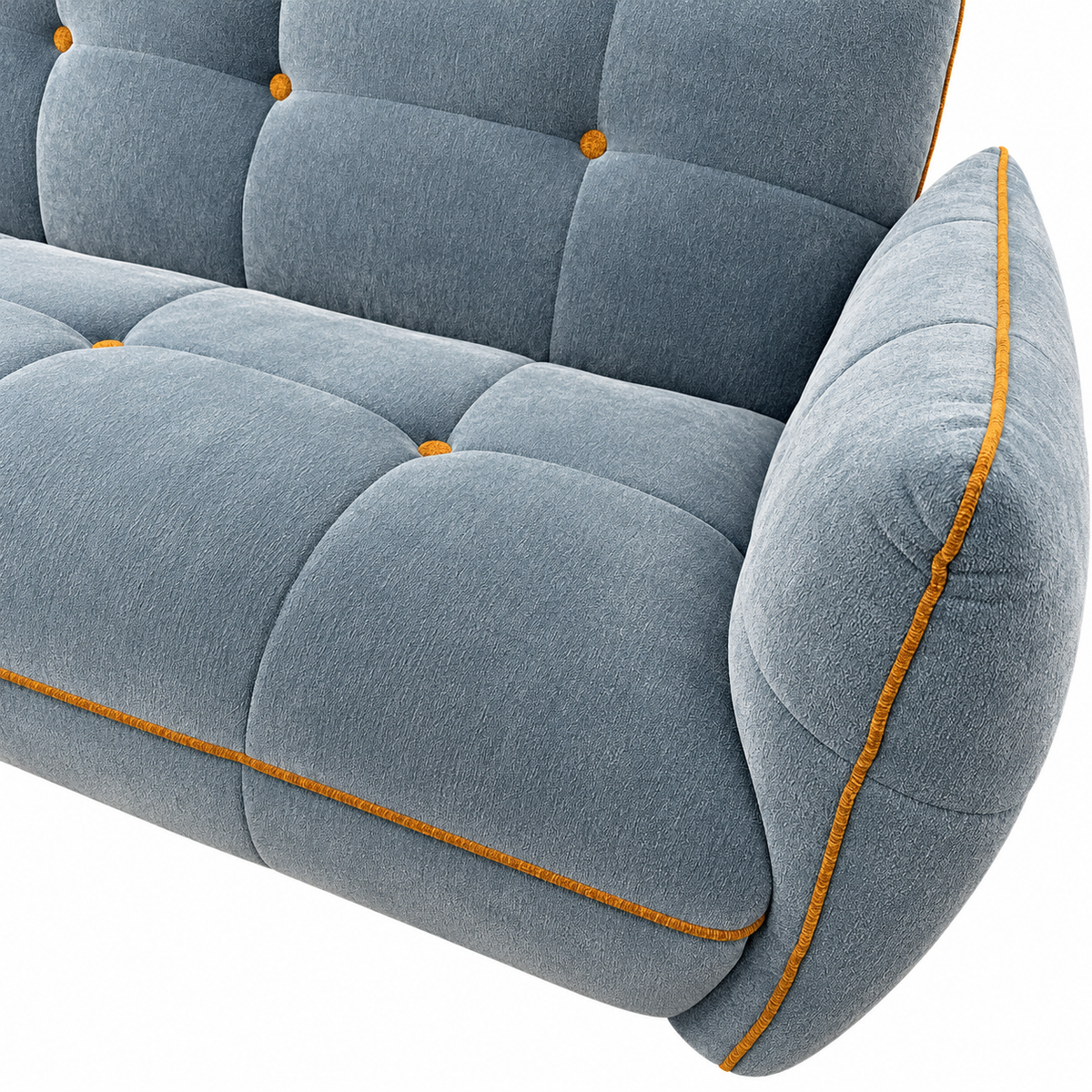 Faverique Sofa blue-grey fabric, gold tuft buttons and gold piping detail