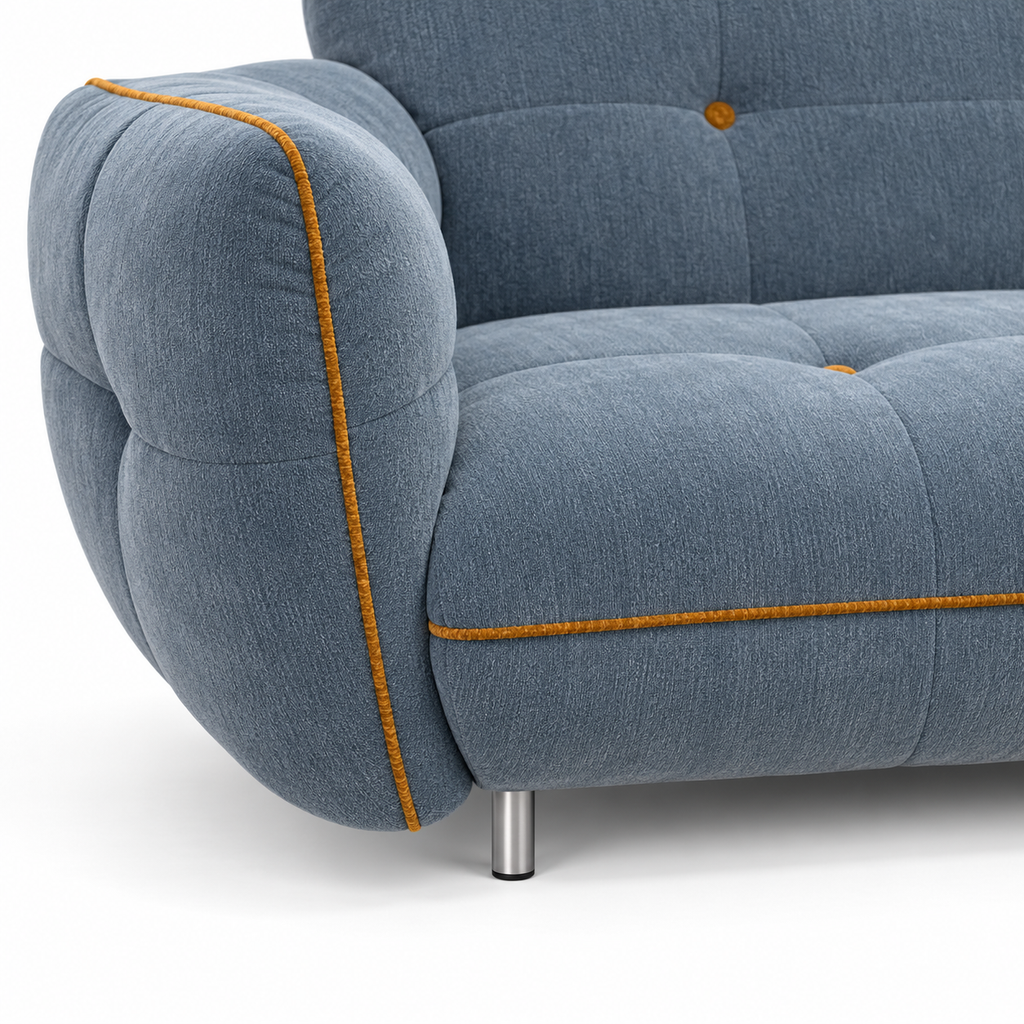 Faverique Sofa rounded arm, gold piping and individual silver metal leg detail