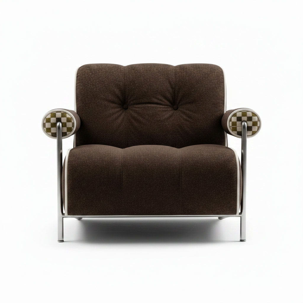 Feralisse Accent Chair front view showing the brown leather upholstery, curved backrest, and metal frame