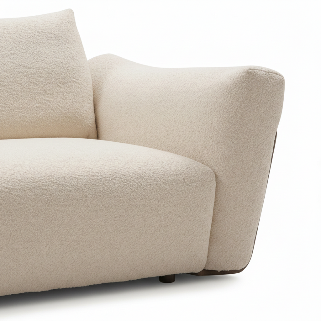 Fiorenne 4 Seater Sofa ivory fabric right arm and seat edge close-up