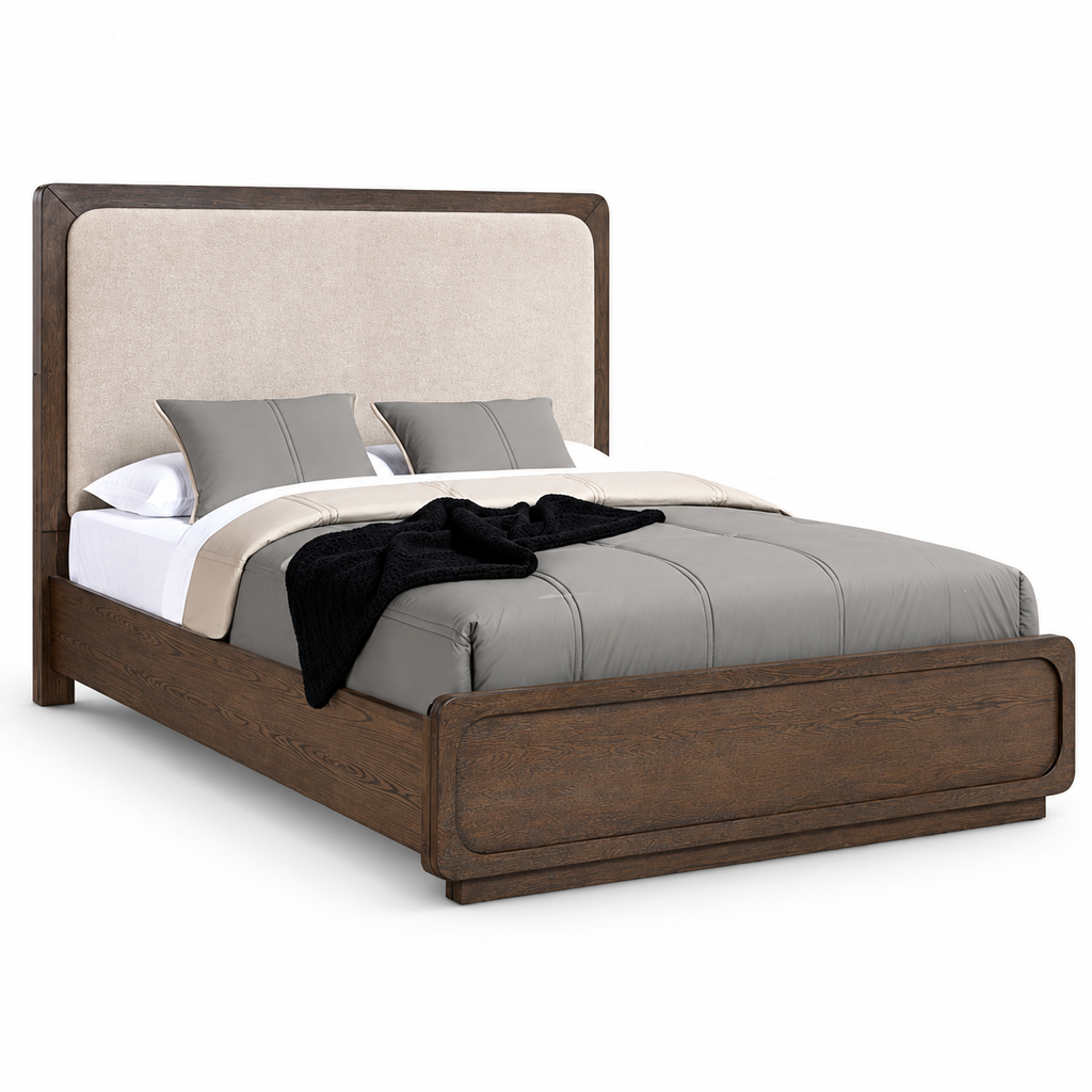 Vellara Queen Upholstered Panel Bed — complete studio product view
