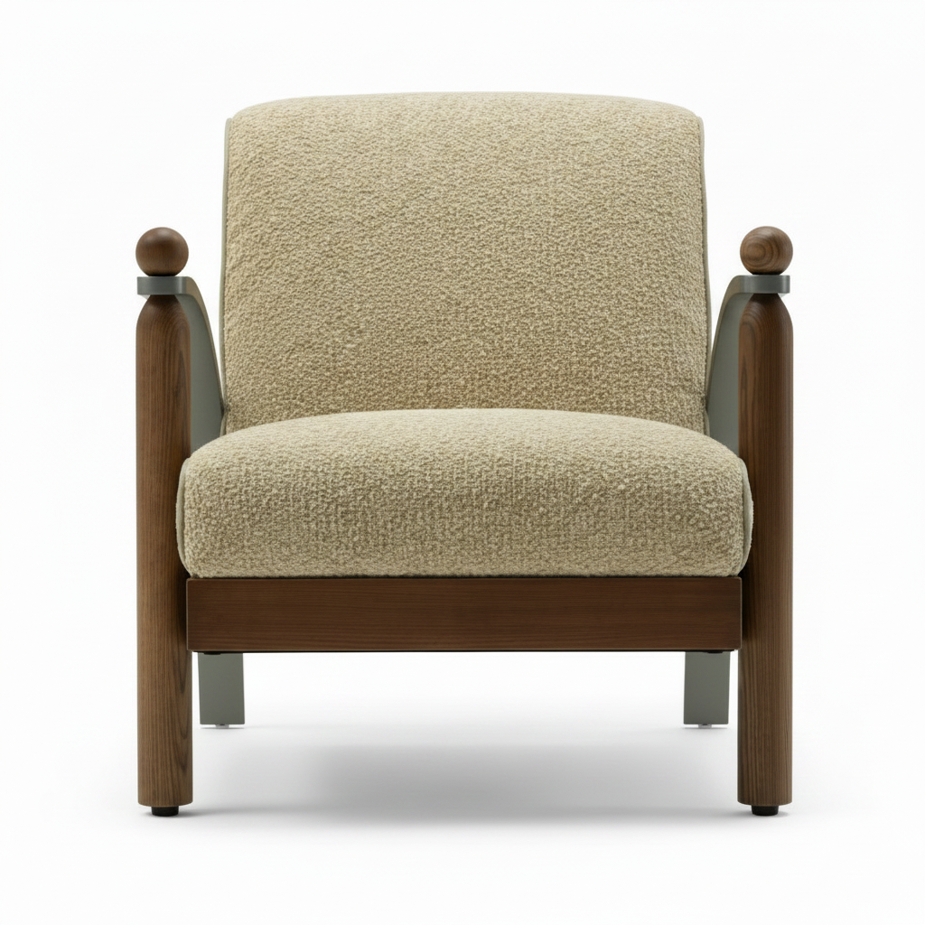 Foscano Accent Chair front view with upholstered seat, curved backrest, and wooden armrests
