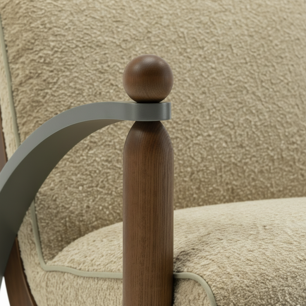 Foscano Accent Chair close-up showing the wooden support post and metal armrest detail