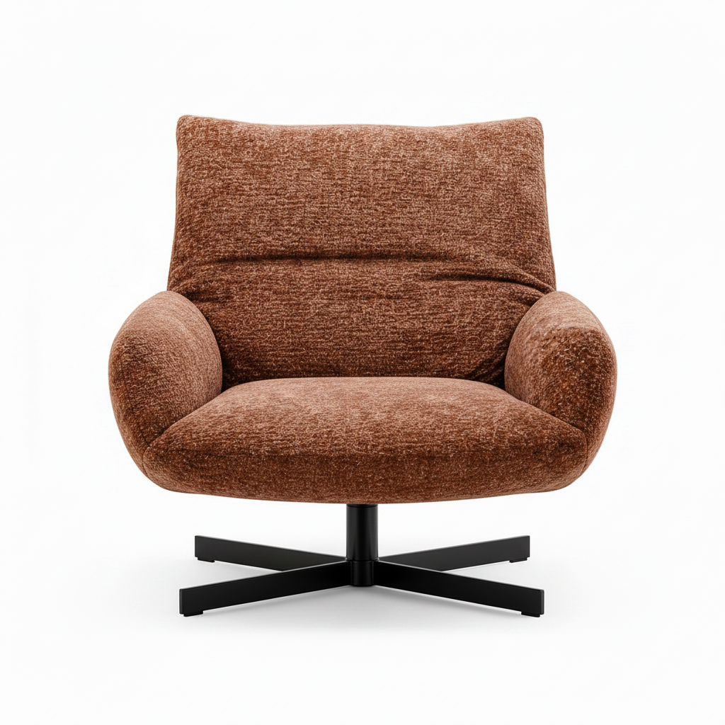 Gessaro Accent Chair front view showing the cushioned seat, curved arms, upholstered backrest, and black pedestal base.