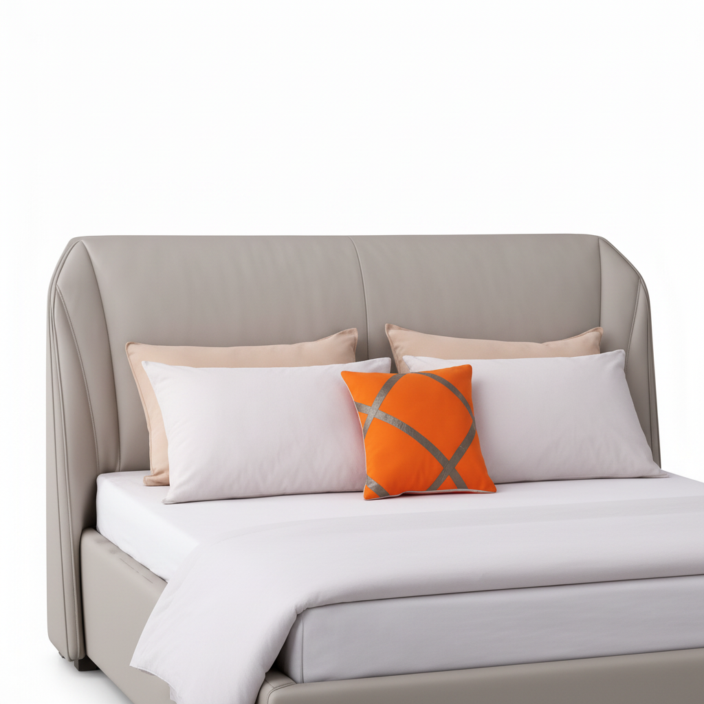 Hadley Bed close-up of light gray upholstered headboard, pillows, white bedding, and orange accent cushion