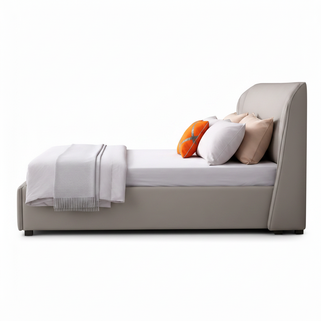 Hadley Bed left-side view with white bedding, pillows, upholstered frame, headboard, and footboard