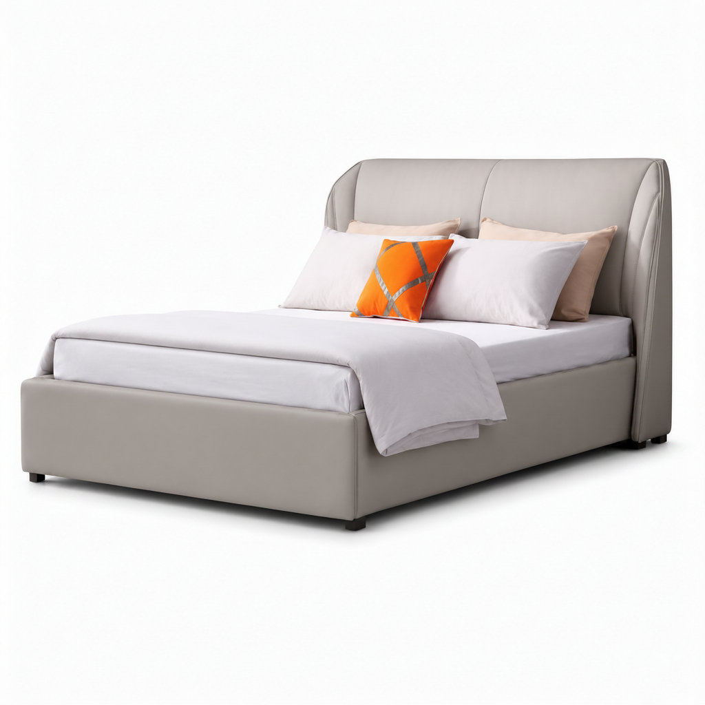 Hadley Bed light gray upholstered bed with white bedding, pillows, orange accent cushion, and white background