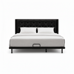 Haverique Bed black leather bed, straight-on front view on a white background