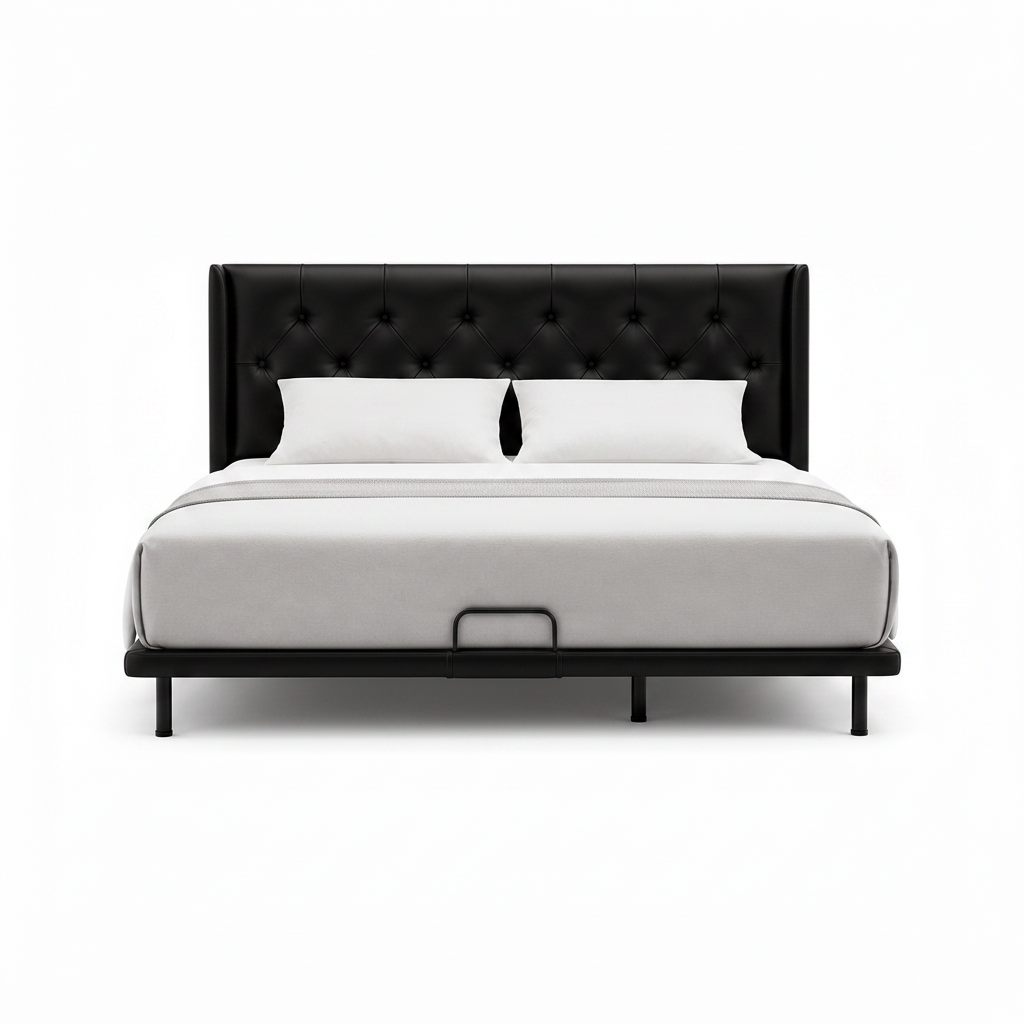 Haverique Bed black leather bed, straight-on front view on a white background