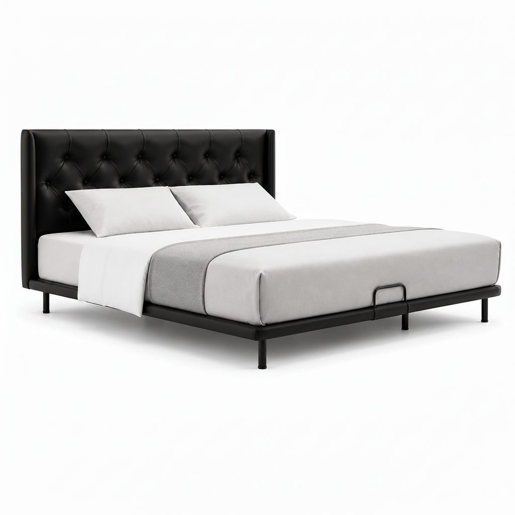 Haverique Bed black leather bed, left-side view of the bed frame on a white background