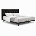 Haverique Bed black leather bed, left-side view of the bed frame on a white background
