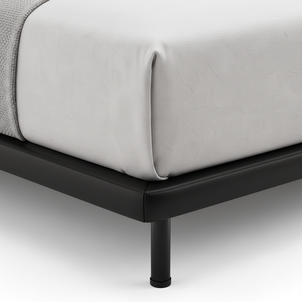 Haverique Bed close-up of black leather side frame detail on a white background