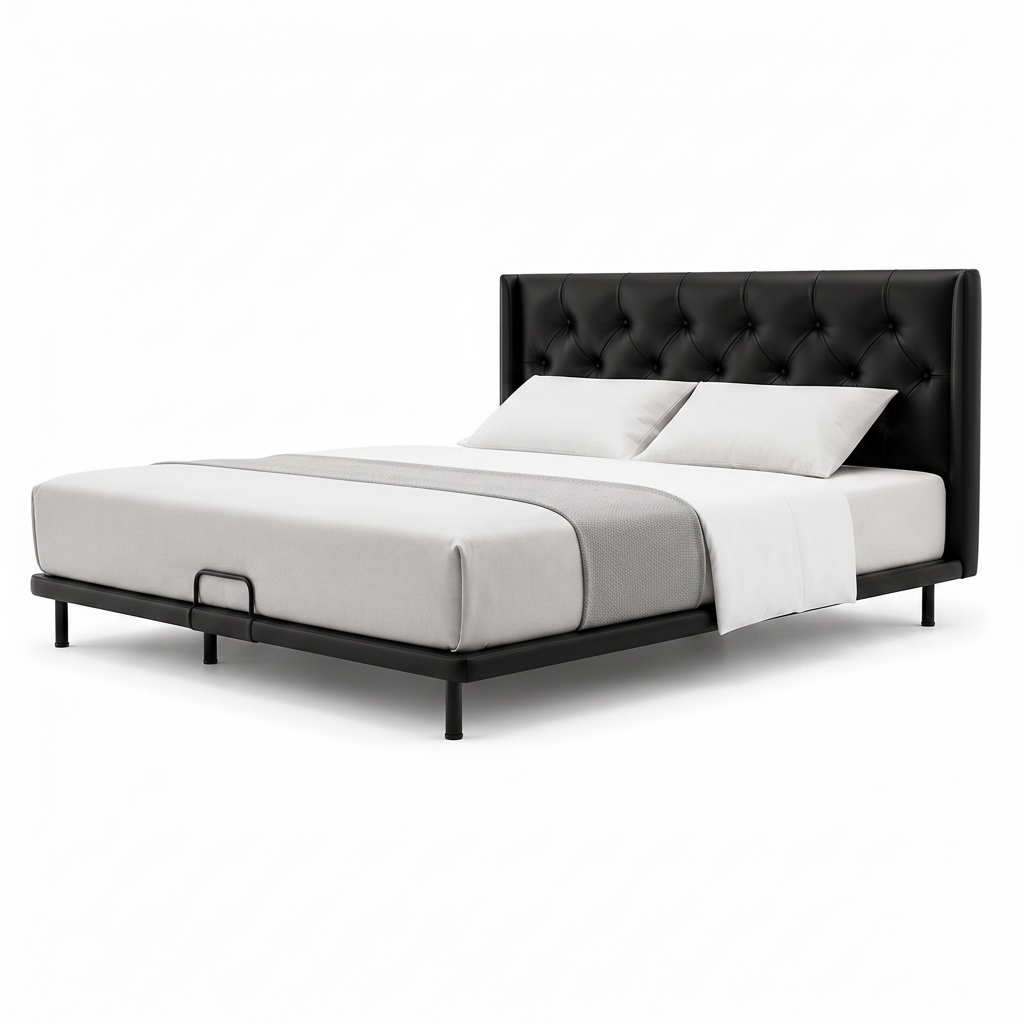 averique Bed black leather bed, footboard left foreground and headboard right background on a white background
