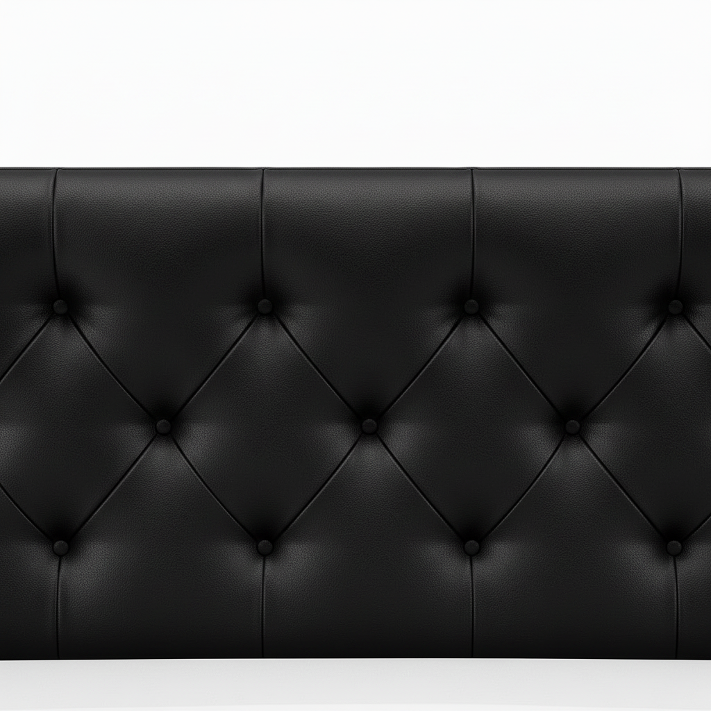 Haverique Bed black leather headboard with tufted diamond stitching and button details on a white background