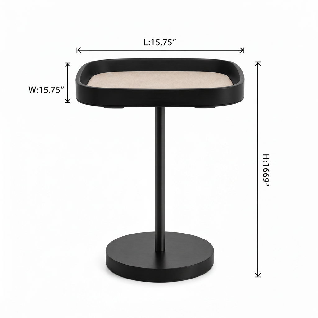 Hestaro End Table — black finish, L/W/H dimensions